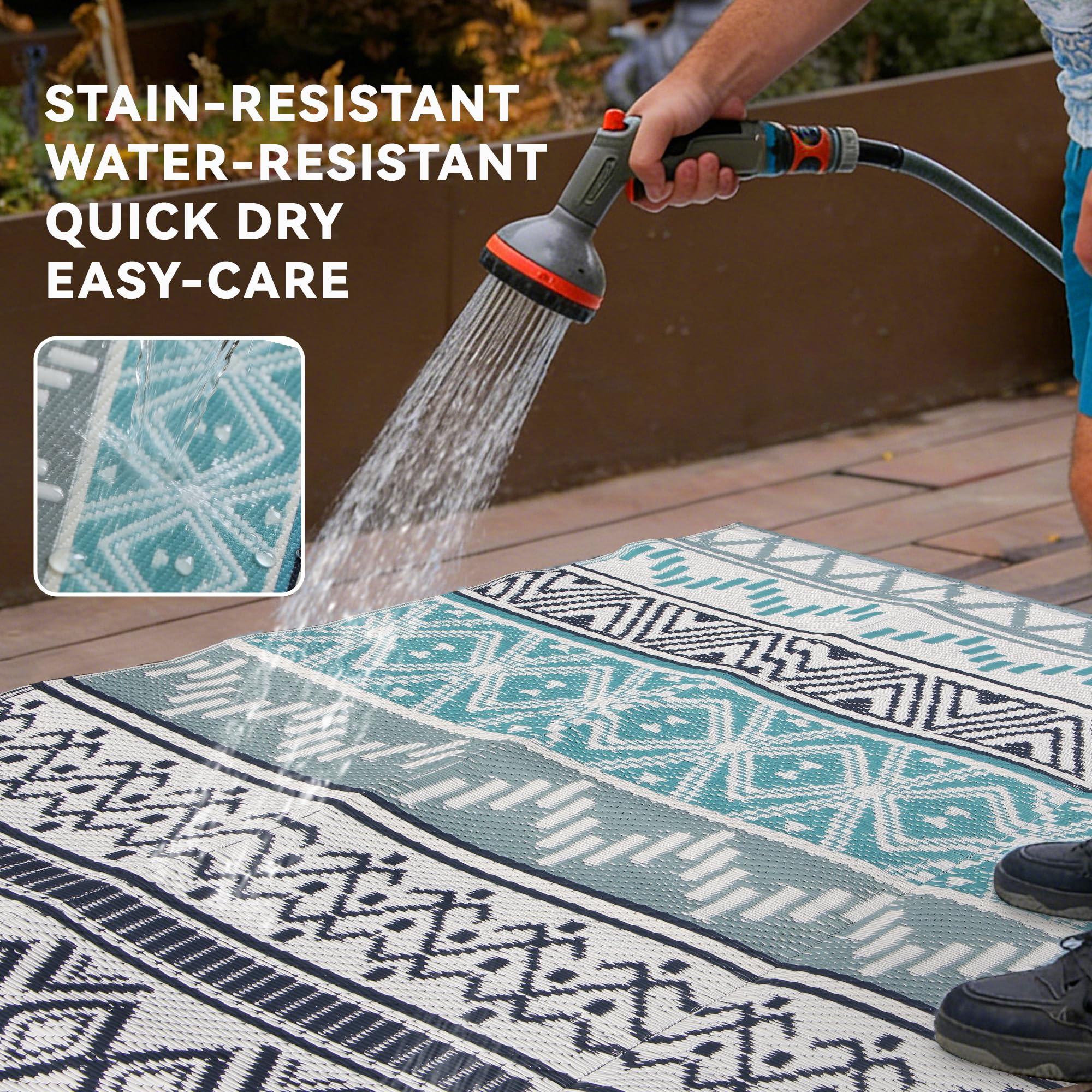 Lightweight Strickland Home Outdoor Rug folded in carrying bag