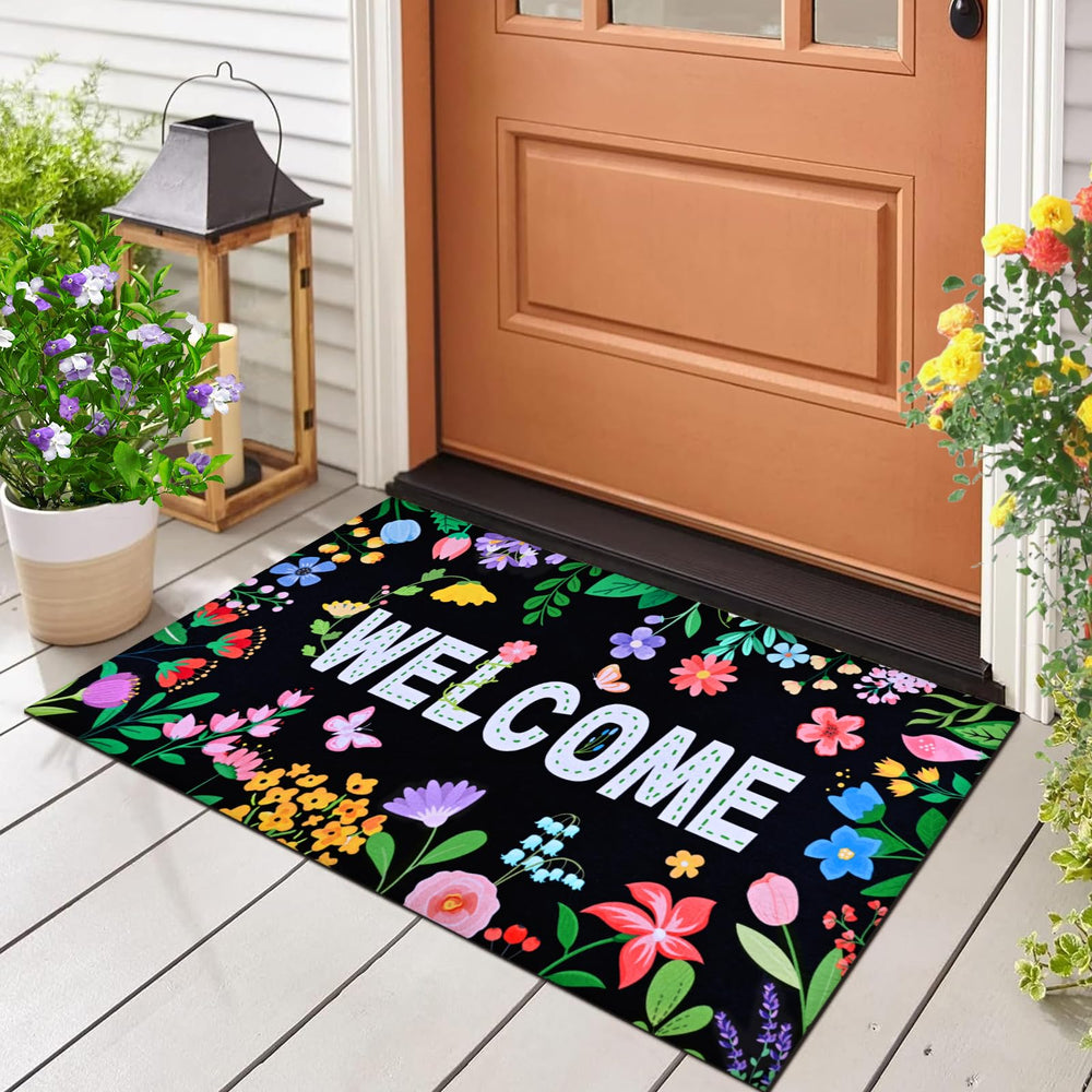 Likiyol Floral Door Mat dimensions displayed on a measuring tape