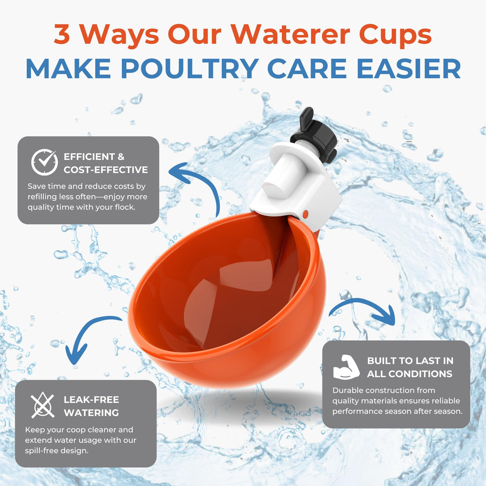Lil'Clucker Automatic Chicken Waterer Cups displayed on a garden table