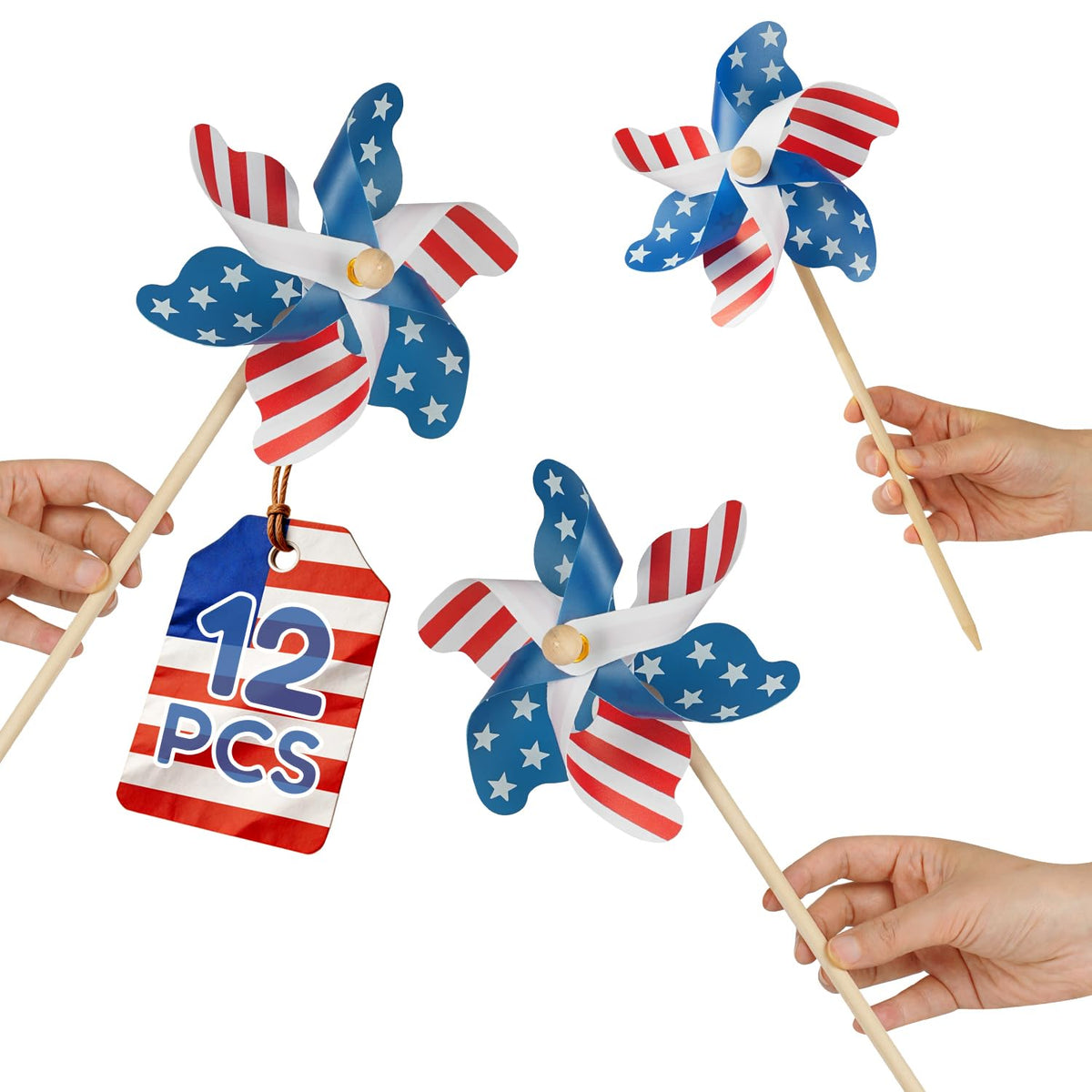 lilLittle 12 Pack Patriotic Pinwheels front view, red and blue design