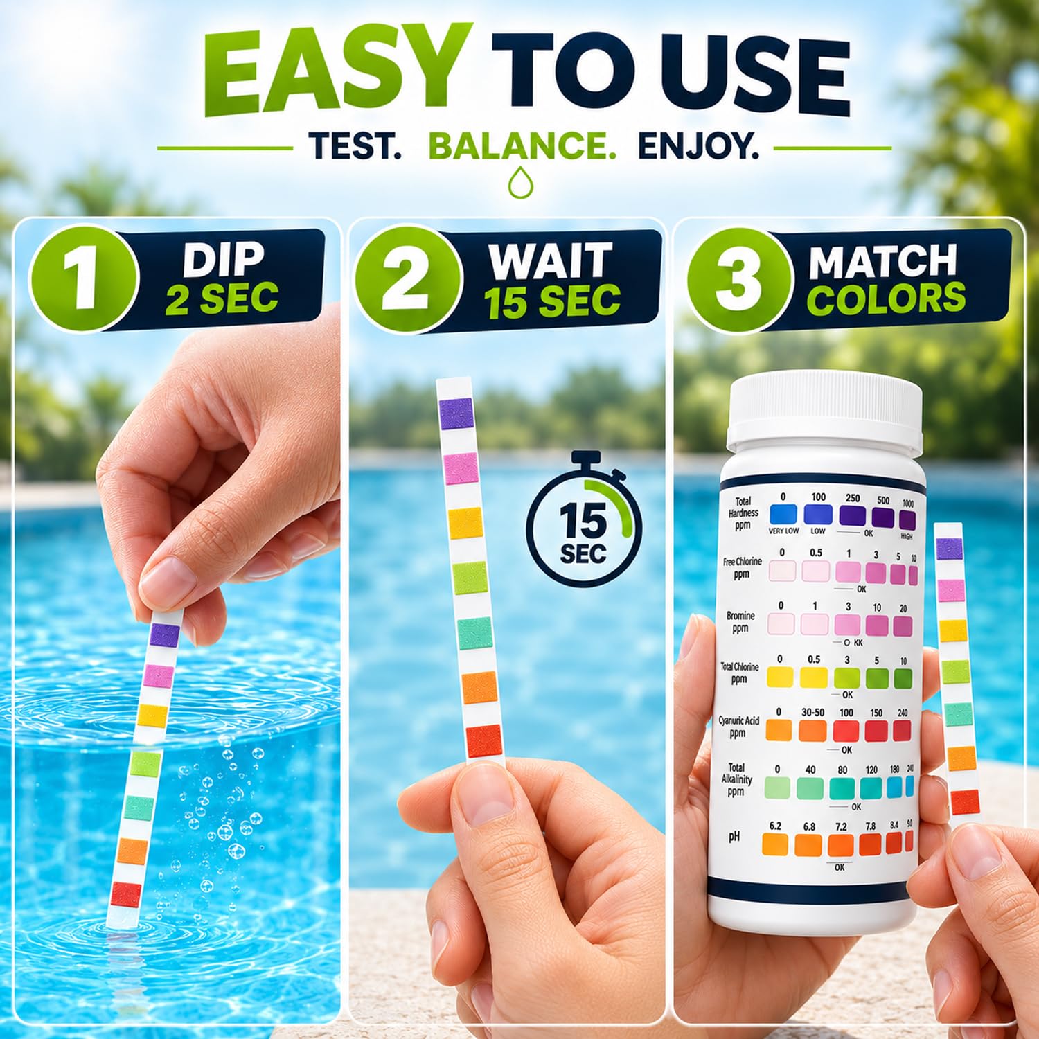 LIME POOL test strips with pool background