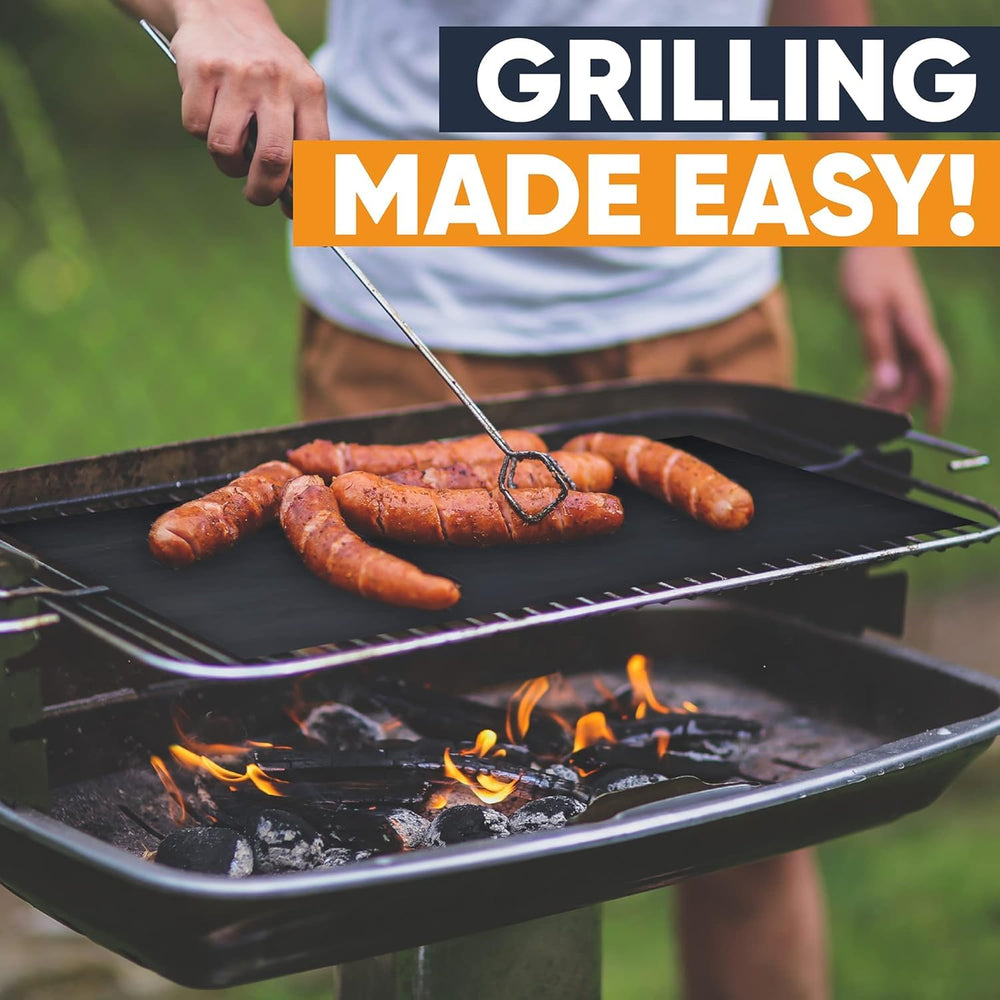 Linda's Essentials BBQ Grill Mat on a grill with food cooking