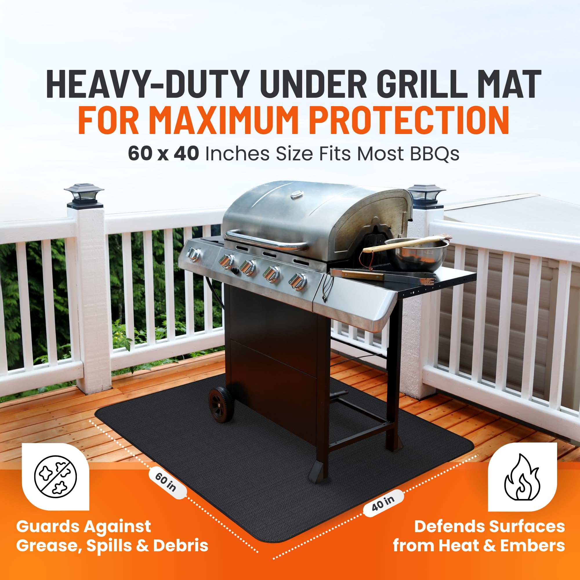 Linda's Essentials Under Grill Mat 60 x 40 inch black in use under a grill