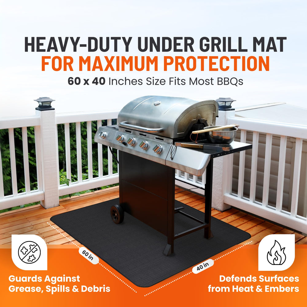 Linda's Essentials Under Grill Mat 60 x 40 inch black in use under a grill