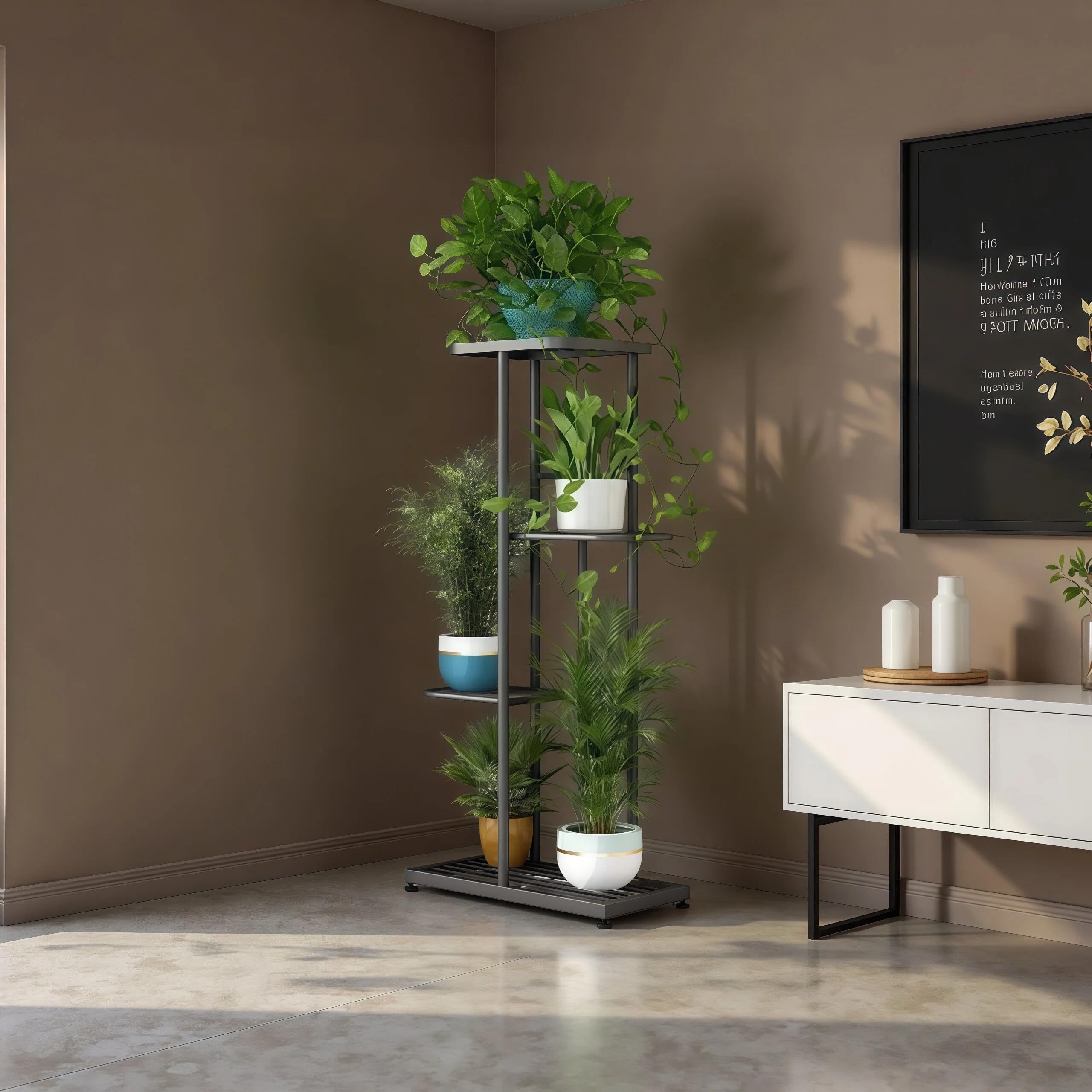 LINZINAR 4 Tier Plant Stand with various plants arranged