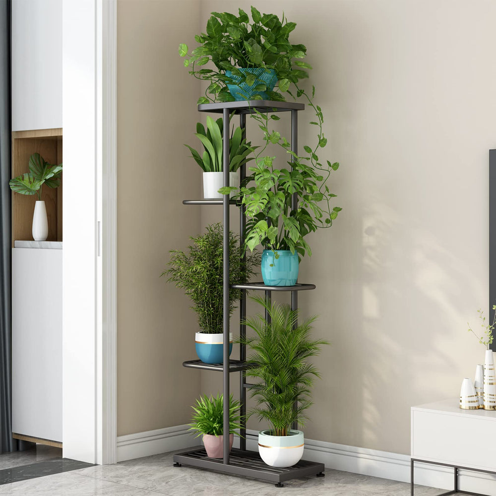 LINZINAR 5 Tier Plant Stand side view with potted plants