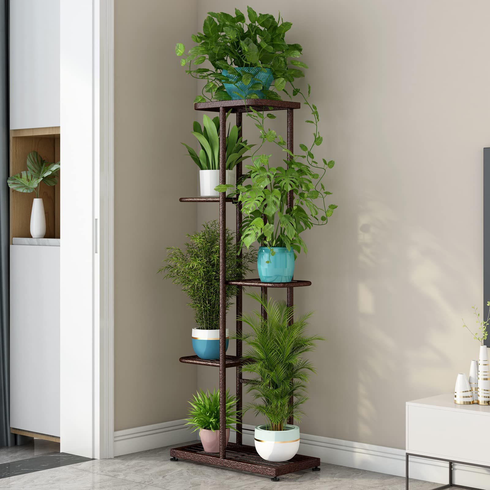 LINZINAR 5 Tier Plant Stand with potted plants displayed