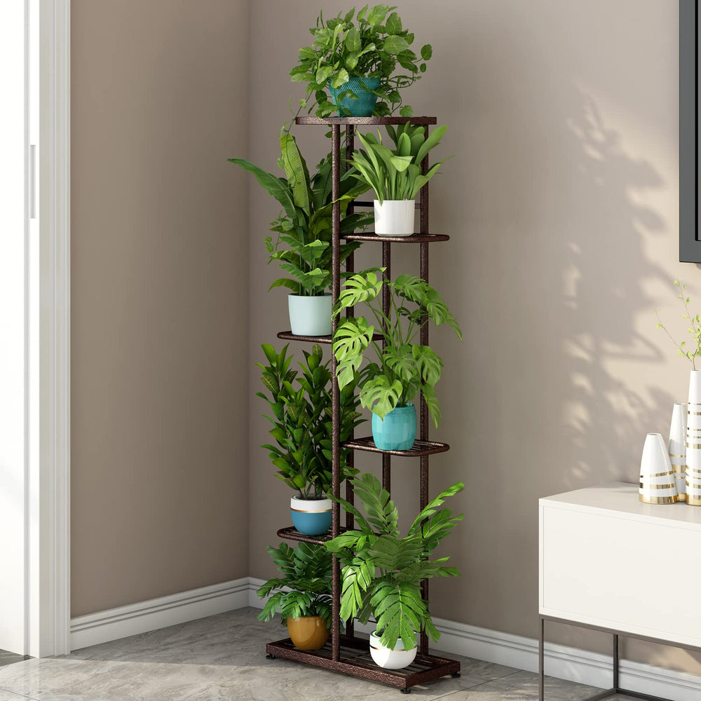 LINZINAR 6 Tier Plant Stand bronze with plants displayed