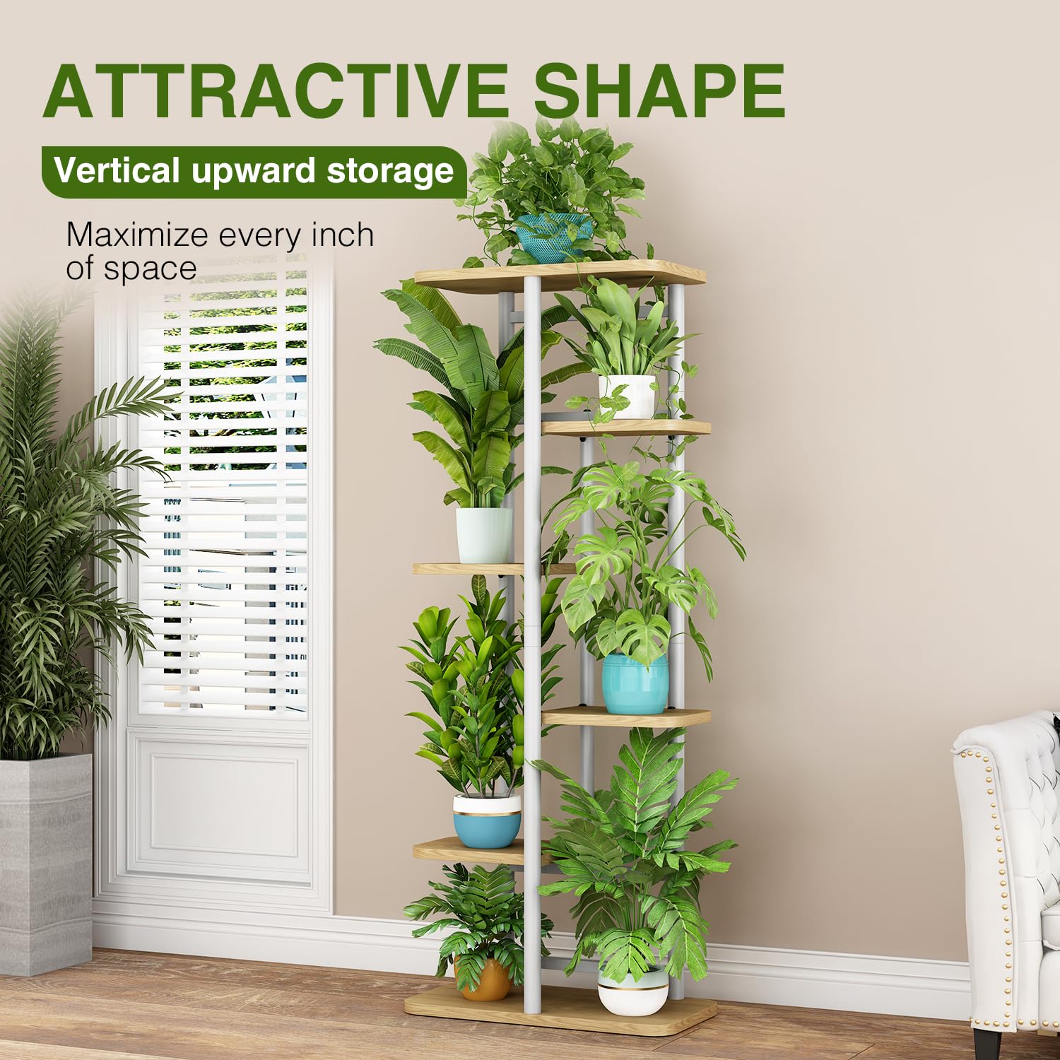 LINZINAR 6 Tier Plant Stand side view showcasing 7 potted plants