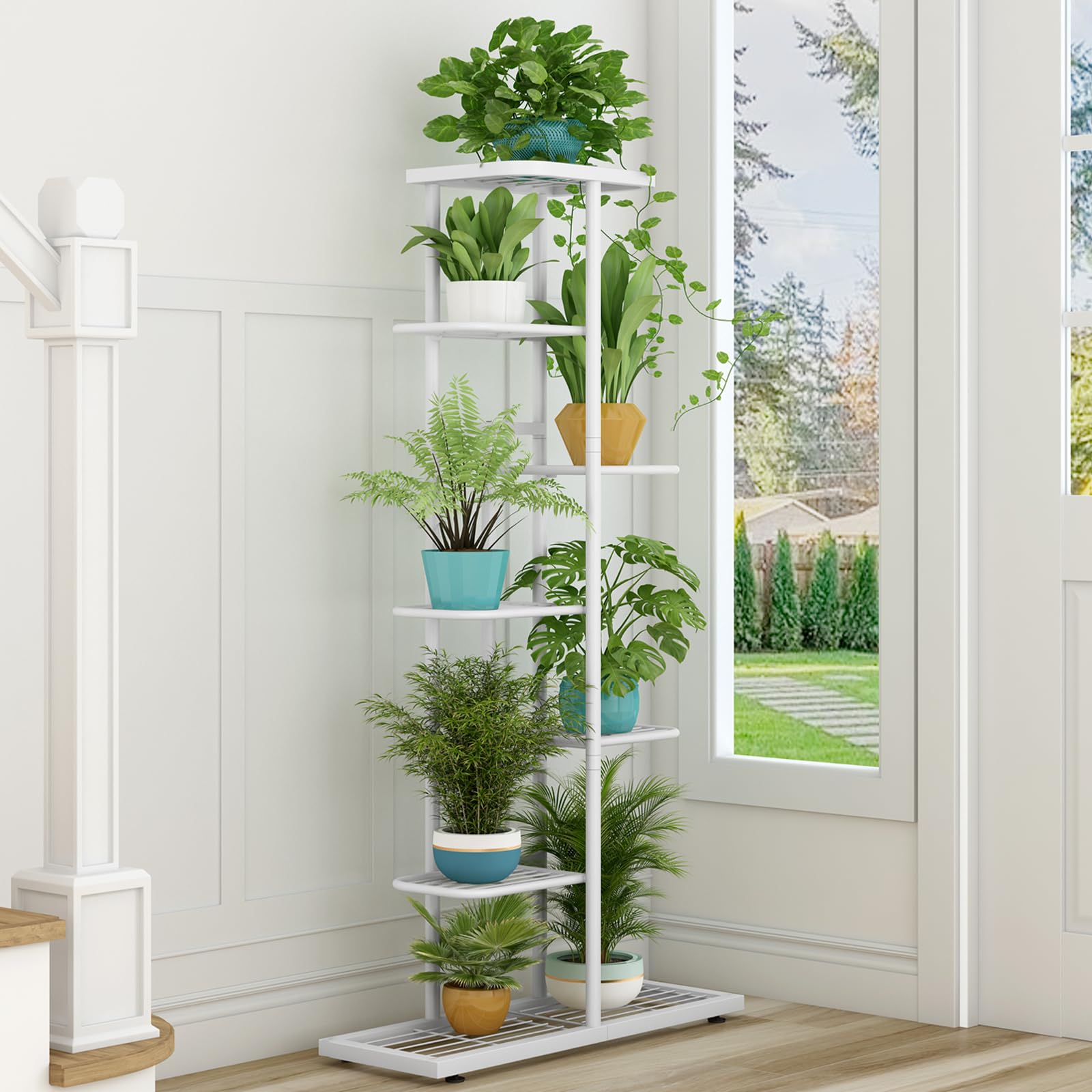 LINZINAR 7 Tier Plant Stand in a garden setting
