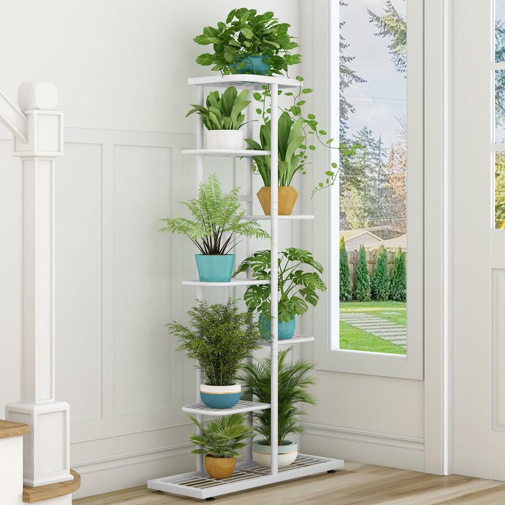 LINZINAR 7 Tier Plant Stand in a garden setting