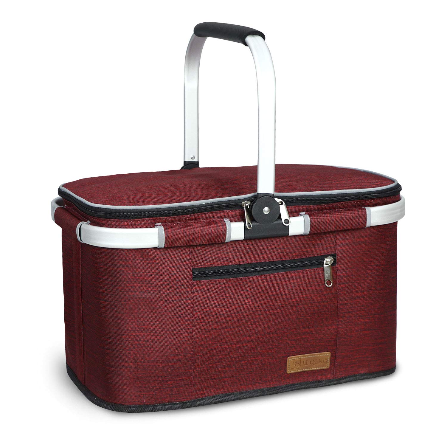 LIQING 35L Large Picnic Basket in wine red, front view