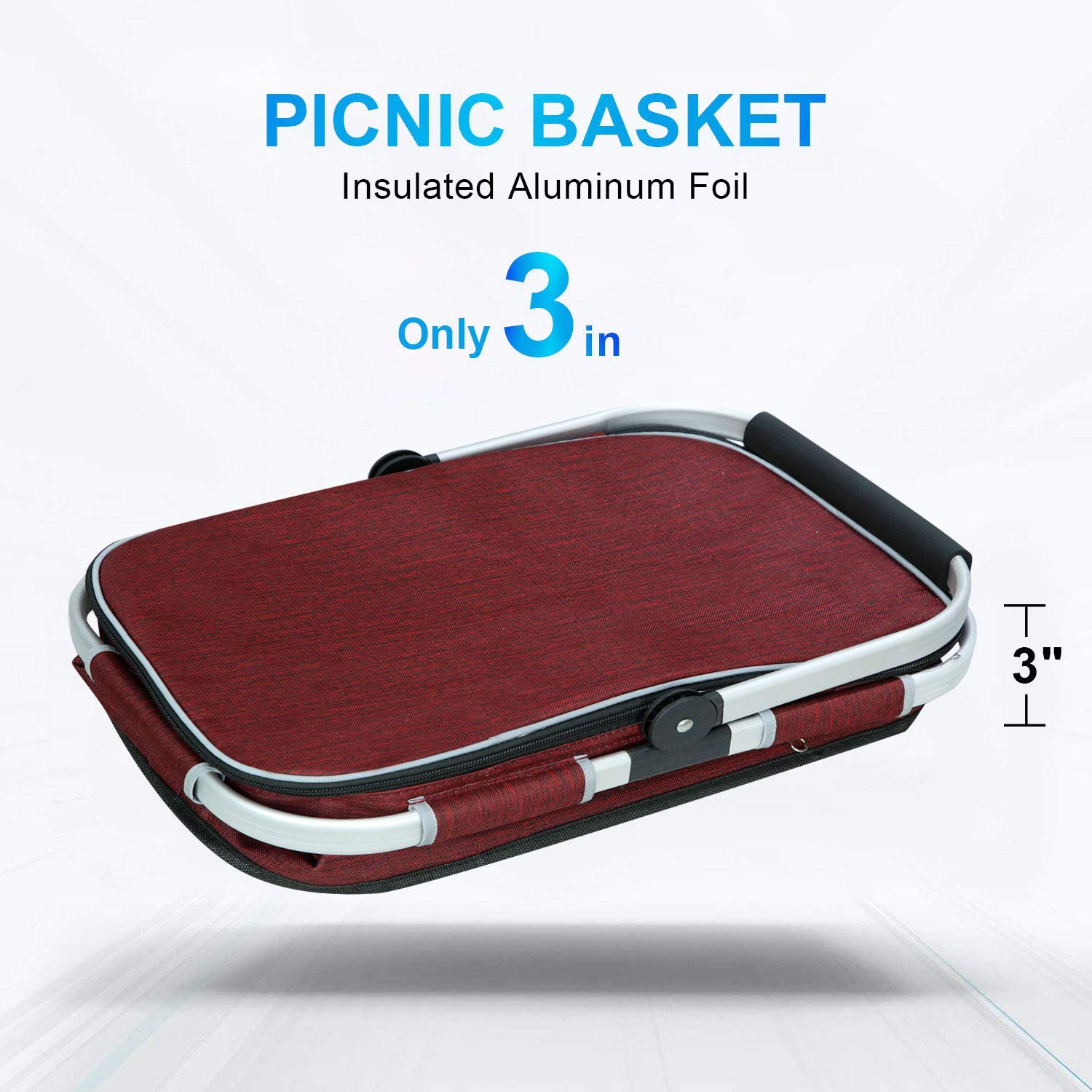 LIQING picnic basket next to a pizza and drinks for a family gathering