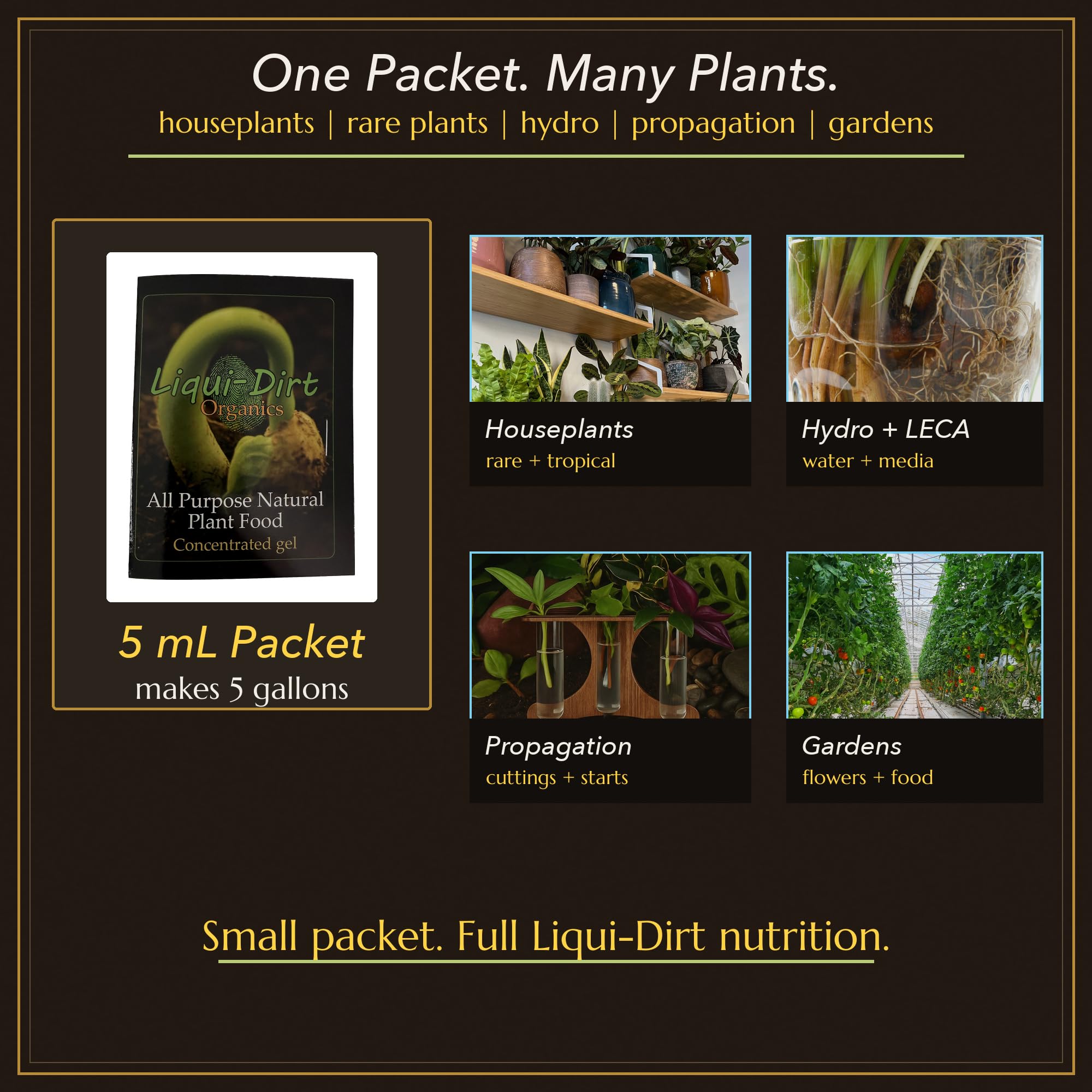 Liqui-Dirt Organic Plant Food packet in a garden setting