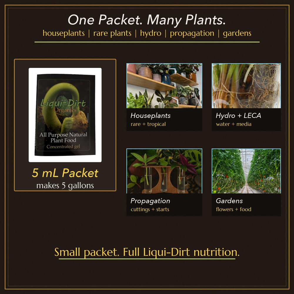 Liqui-Dirt Organic Plant Food packet in a garden setting