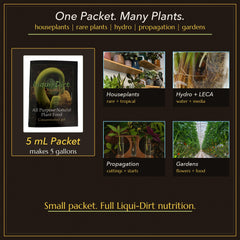 Liqui-Dirt Organic Plant Food packet in a garden setting