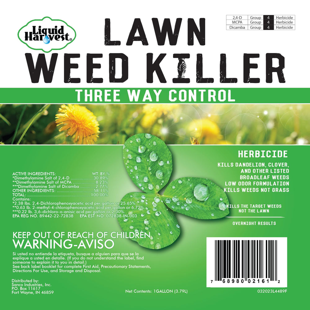 Liquid Harvest Lawn Weed Killer packaging and safety warnings