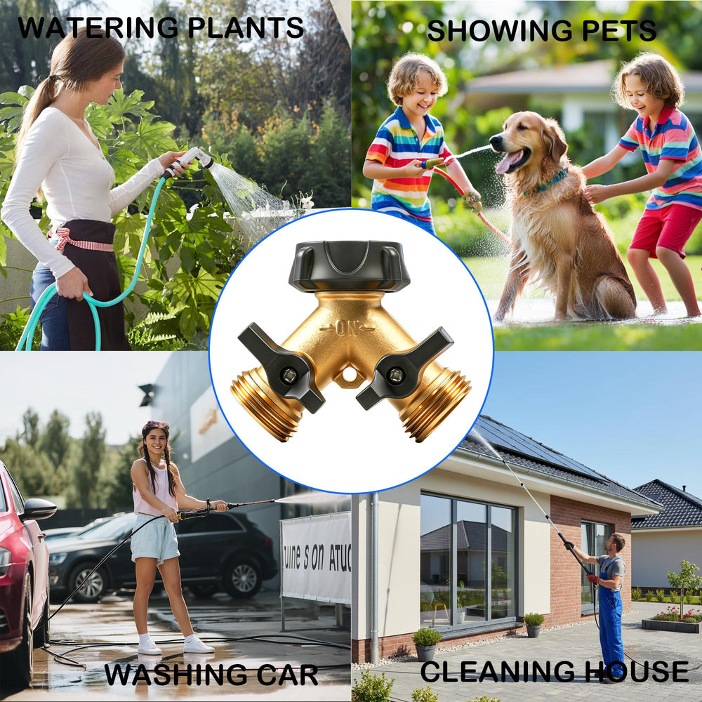 LIULO TOOL Brass Garden Hose Splitter with garden backdrop
