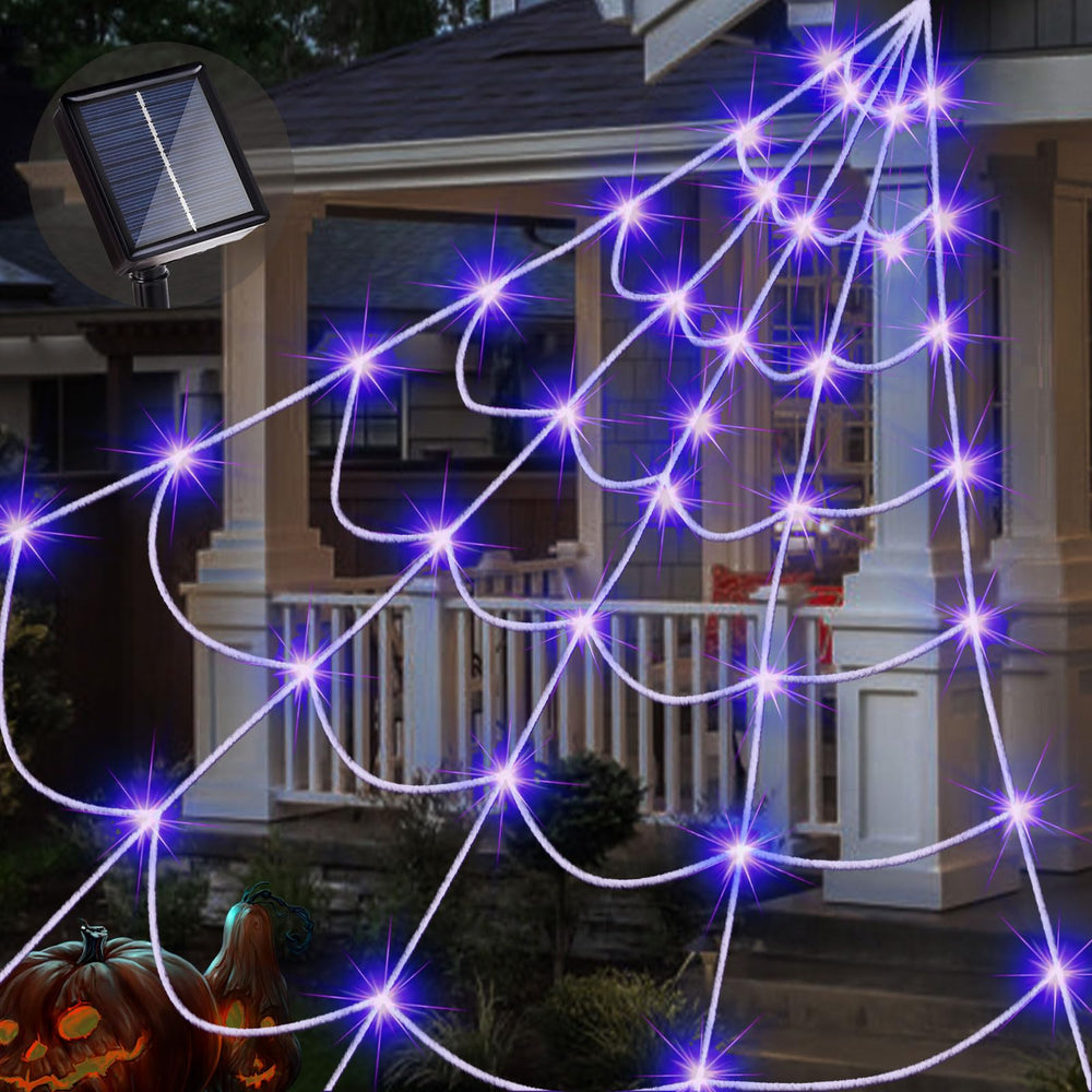 Liveasily Solar Halloween Spider Web Lights front view with purple LEDs