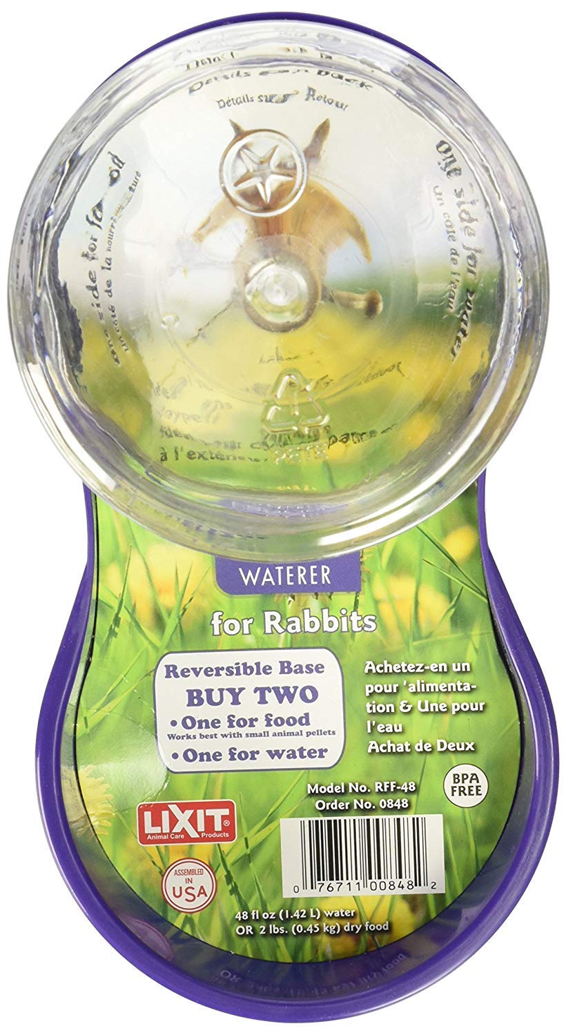 Lixit Chicken Feeder 64oz with food inside and dimensions shown
