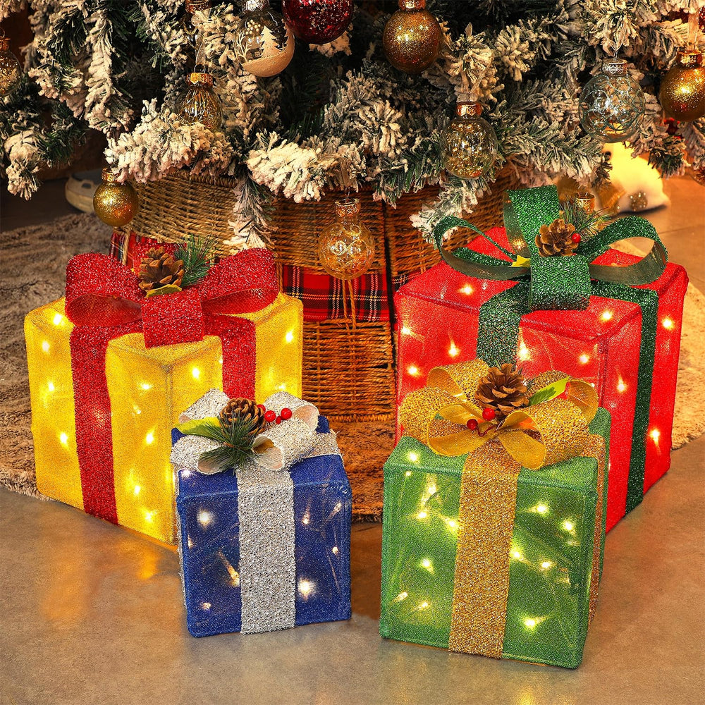LJLNION Set of 4 Christmas Lighted Gift Boxes in red, green, yellow, and blue