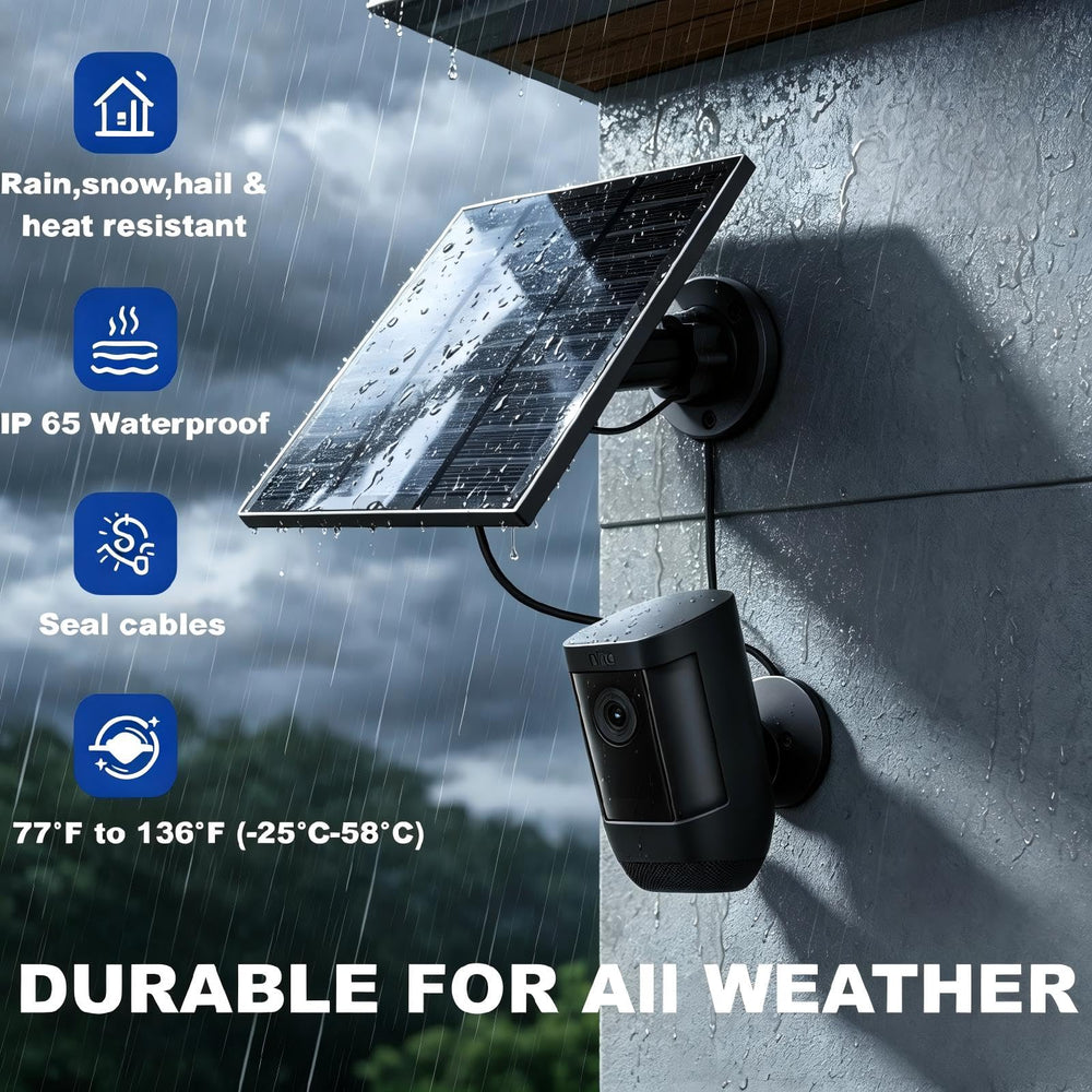 LMDTYN solar panel mounted on a wall with Ring camera