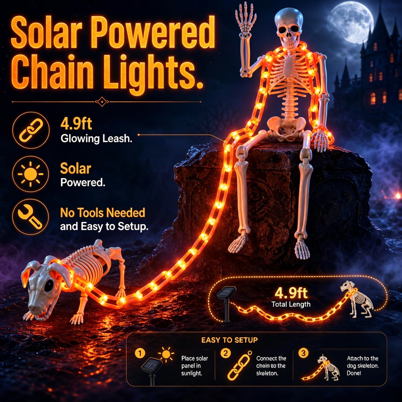 Lmtocs skeleton set with solar-powered glowing chain