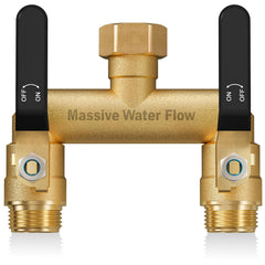 LNEZCDB 2-way hose splitter front view with large ball valve