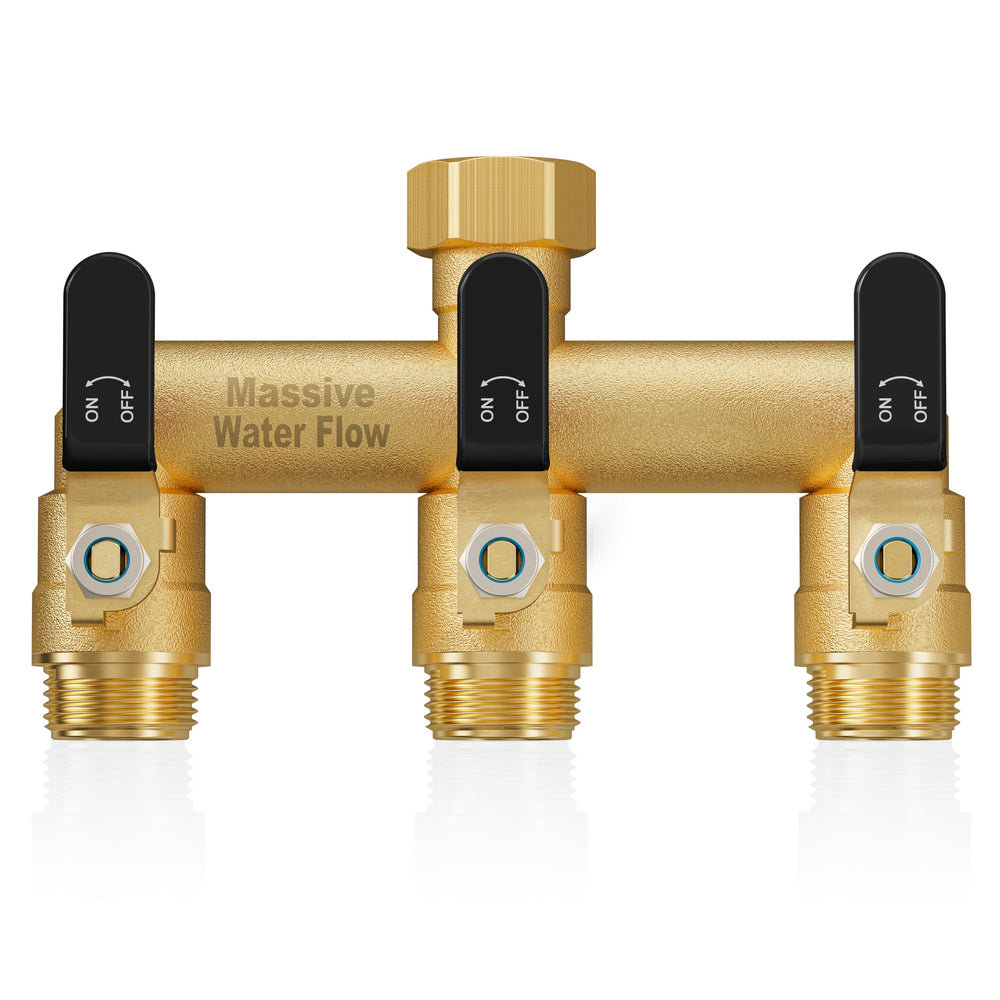 LNEZCDB 3 Way Hose Splitter front view showcasing brass material