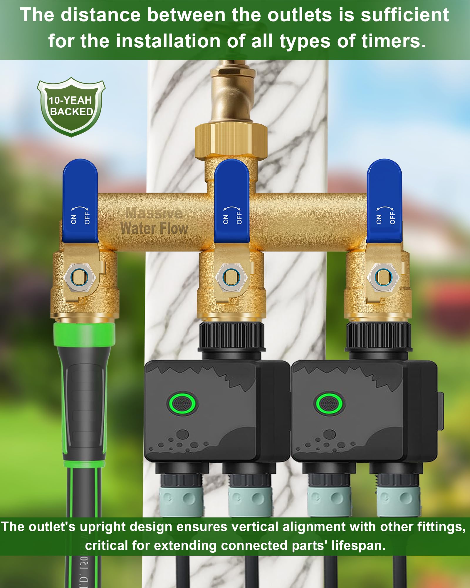 LNEZCDB 3 Way Hose Splitter installed on outdoor faucet