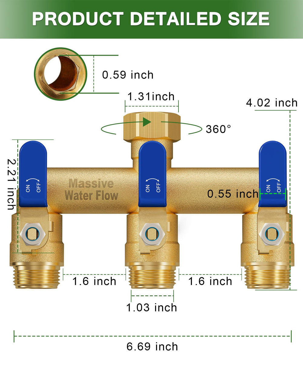 LNEZCDB 3 Way Hose Splitter showing the large ball valve