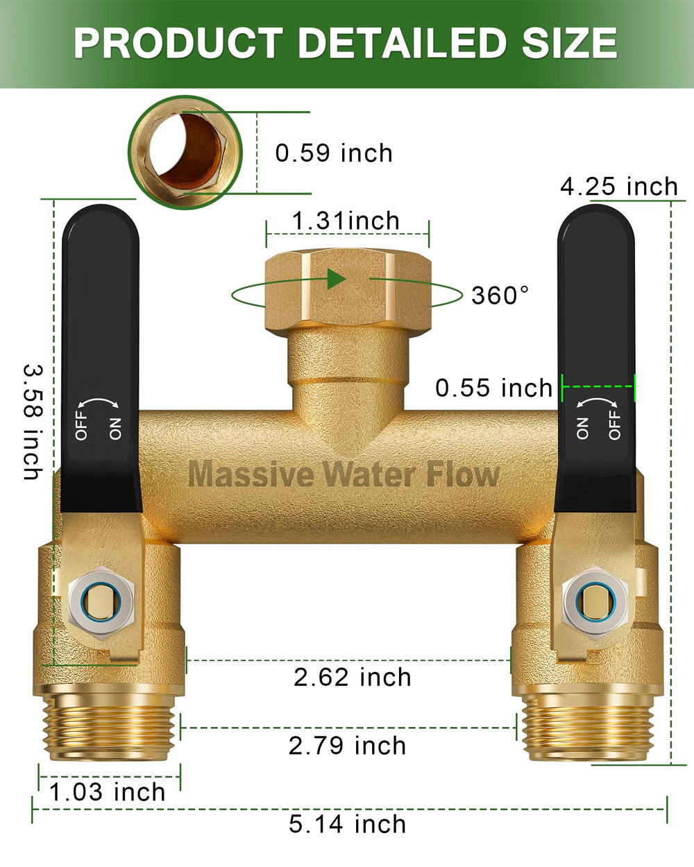 LNEZCDB hose splitter side view showing brass construction