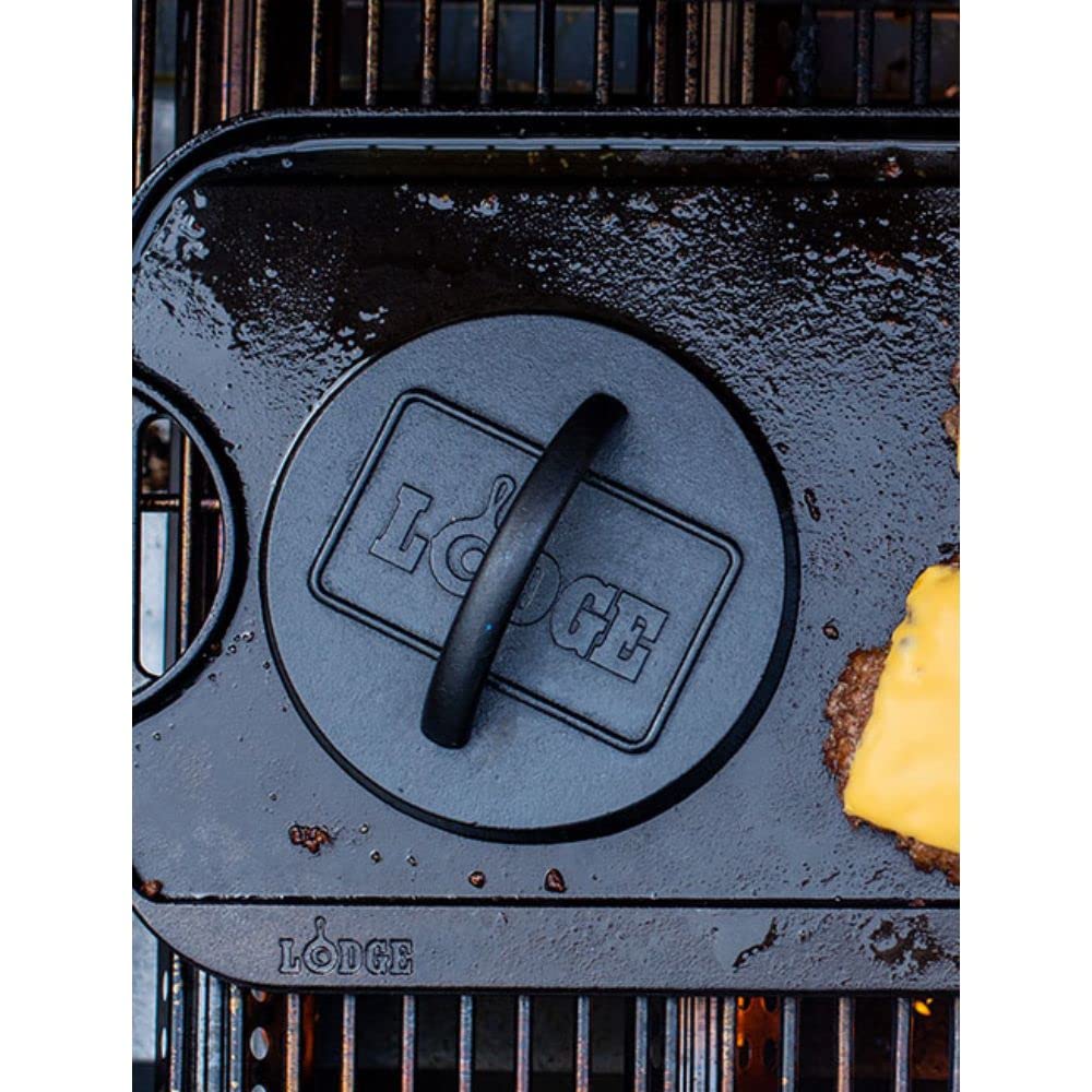 Lodge burger press in use on a stovetop
