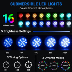 LOFTEK Submersible LED lights in a pond with vibrant colours