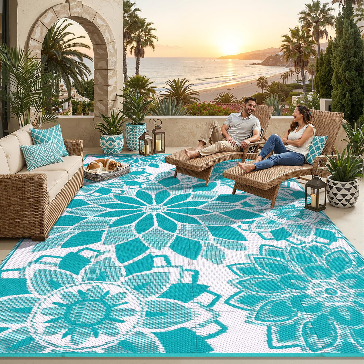 LOKHOM 8x10 ft outdoor rug teal and white front view