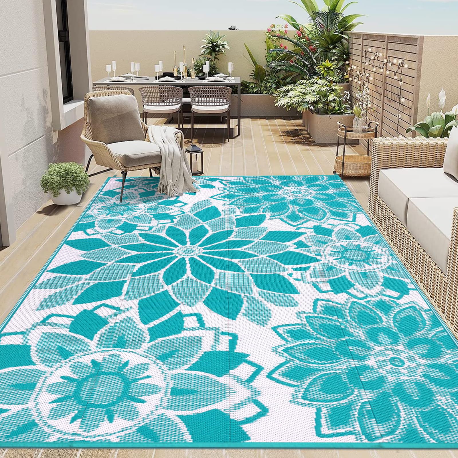 LOKHOM Outdoor Rug 5x8 ft Teal & White front view