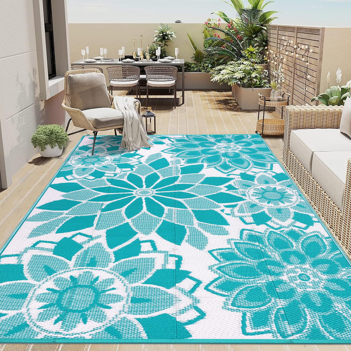 LOKHOM Outdoor Rug 5x8 ft Teal & White front view