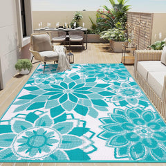 LOKHOM Outdoor Rug 5x8 ft Teal & White front view