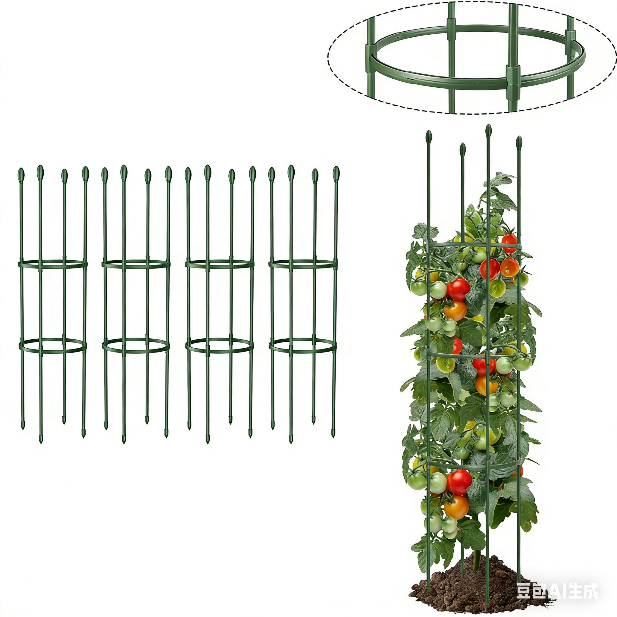 LOMNYIY Round Heavy Duty Tomato Cage front view, 55 inches tall, green