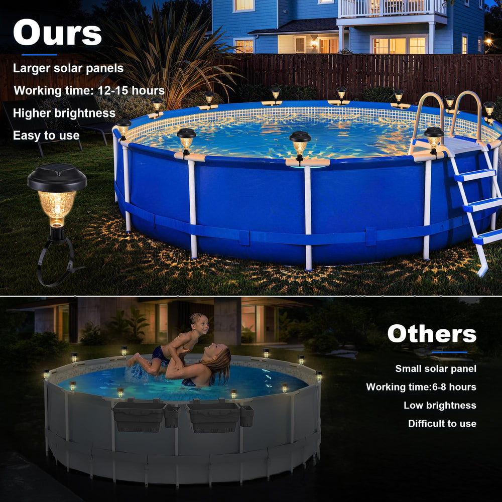 Lomotech solar pool lights illuminating a backyard at night