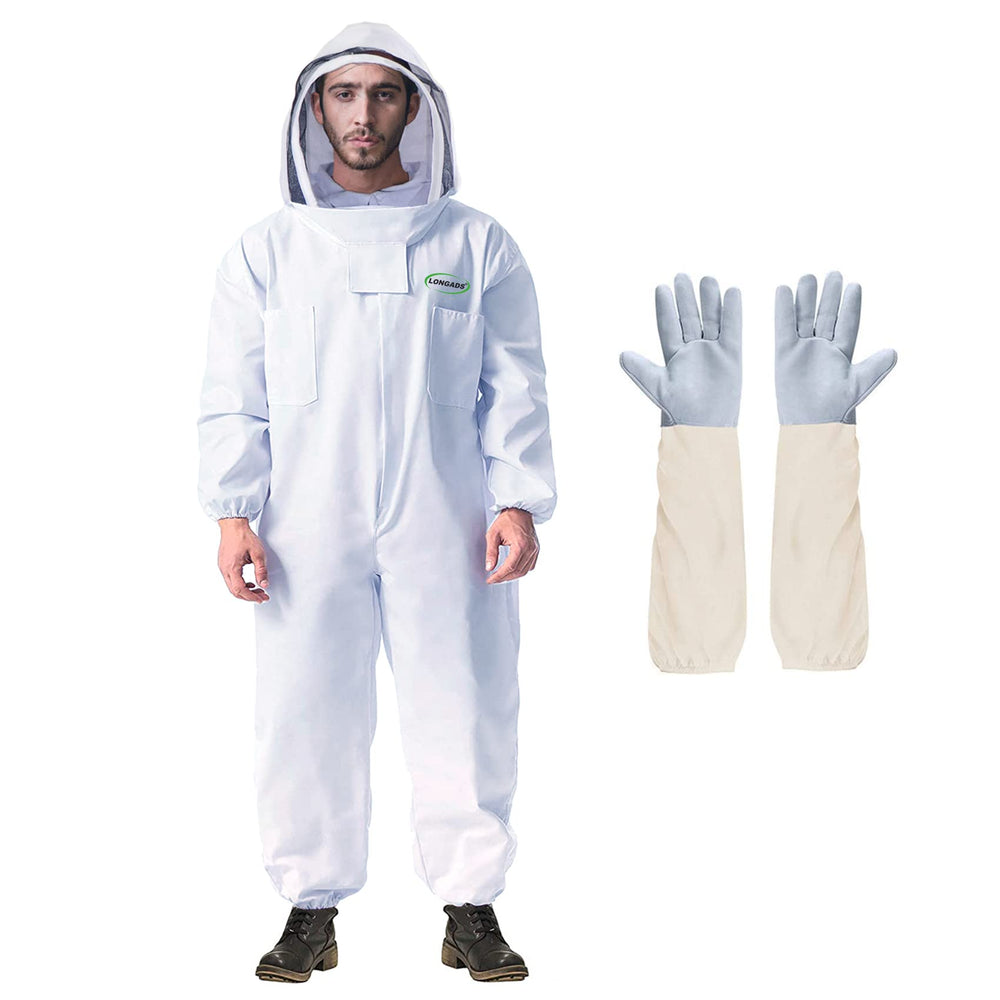 LONGADS Beekeeping Suit XL front view with gloves and detachable veil