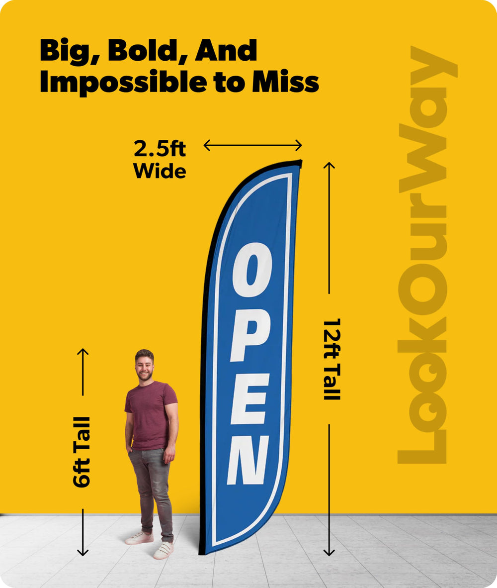 LookOurWay Feather Flag Banner displayed outside a store