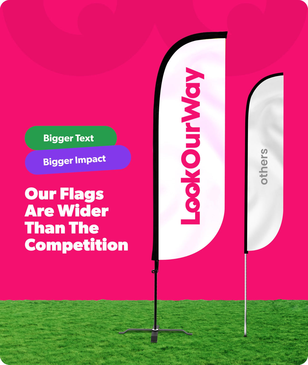 LookOurWay Feather Flag in a business setting