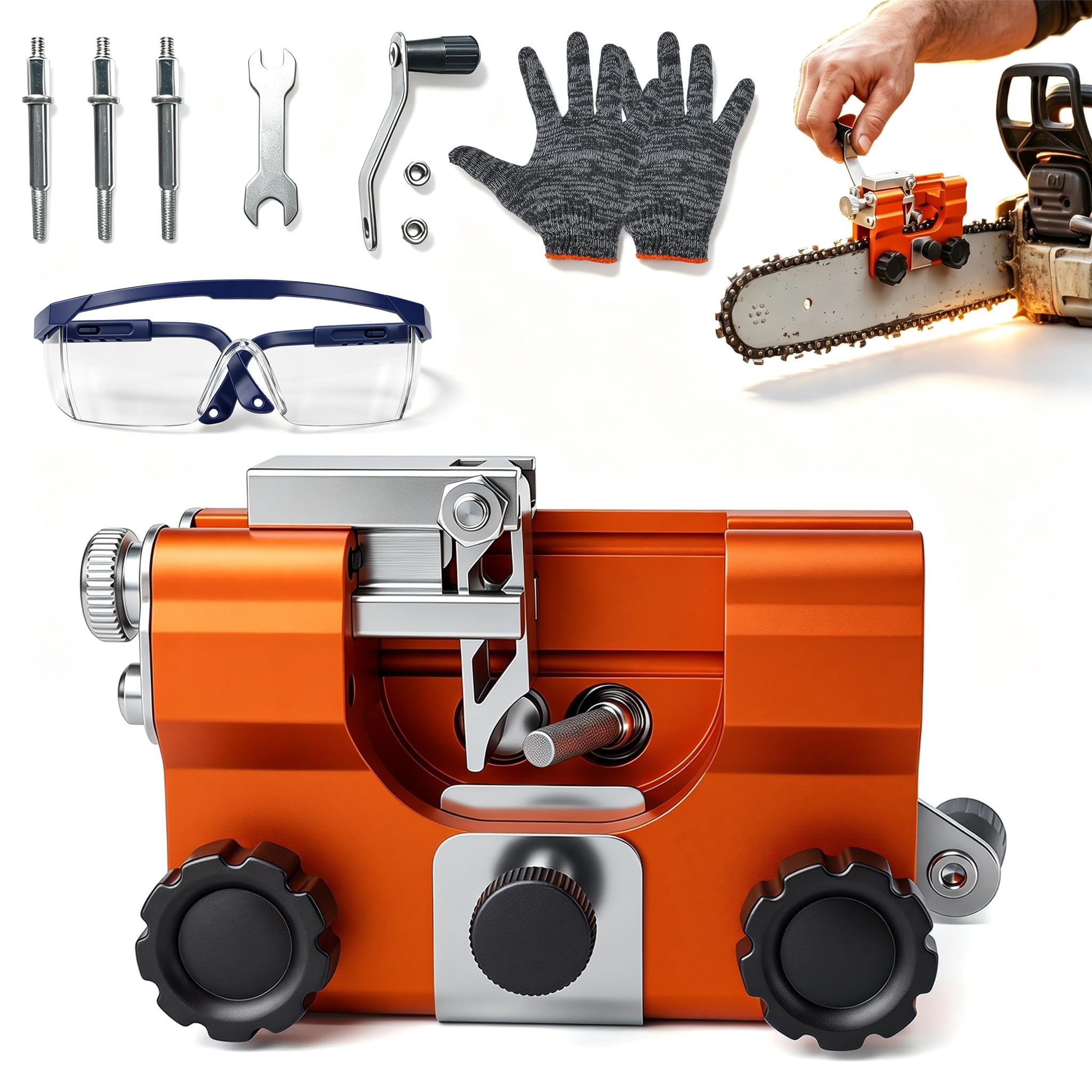 LOQOMI Chainsaw Sharpener front view with accessories