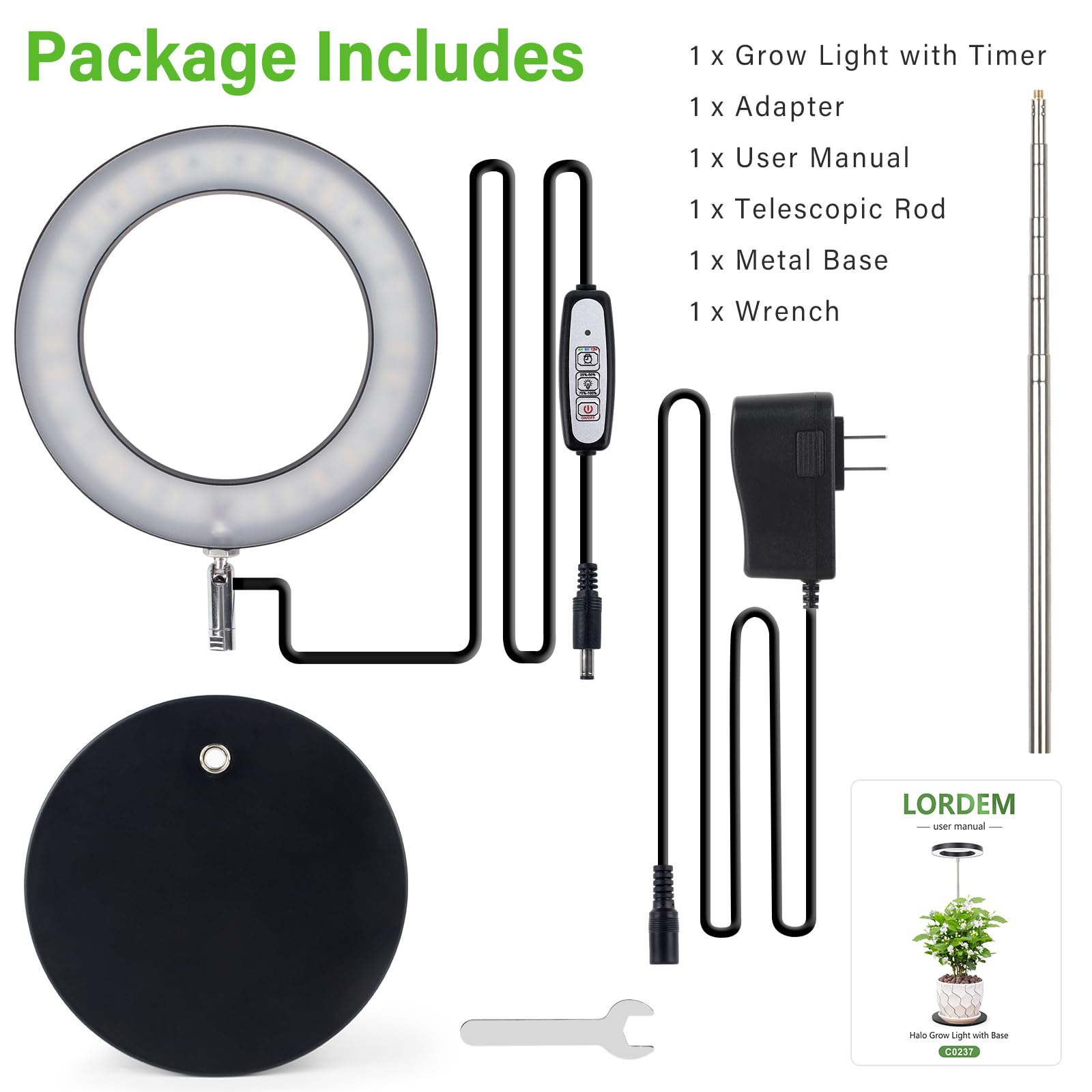 LORDEM Grow Light LED Desk Lamp with packaging and included accessories