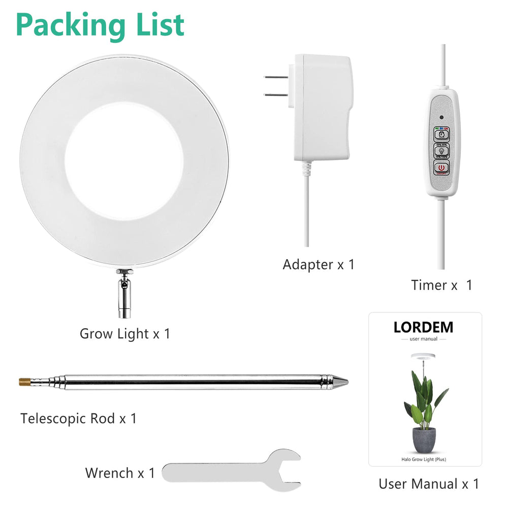LORDEM Grow Light packaging and included components