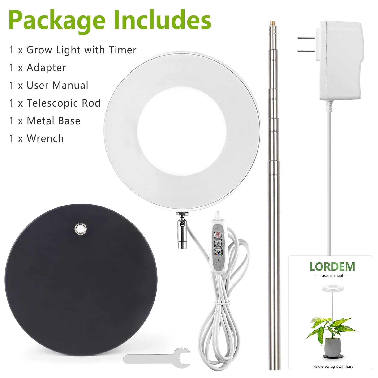 LORDEM Grow Light packaging and included components