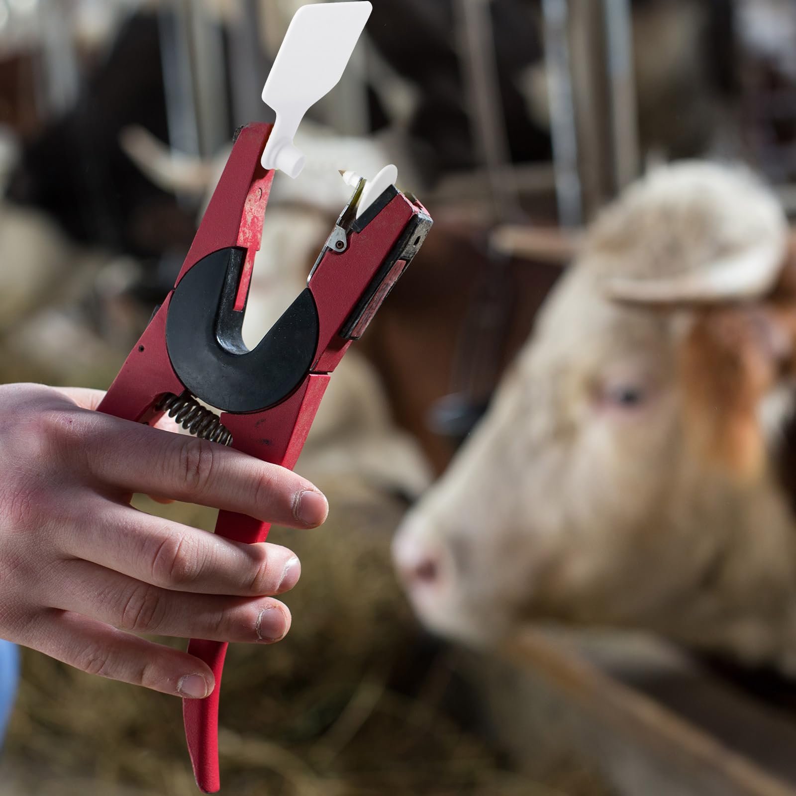Lothee ear tag applicator in use with cattle ear tags