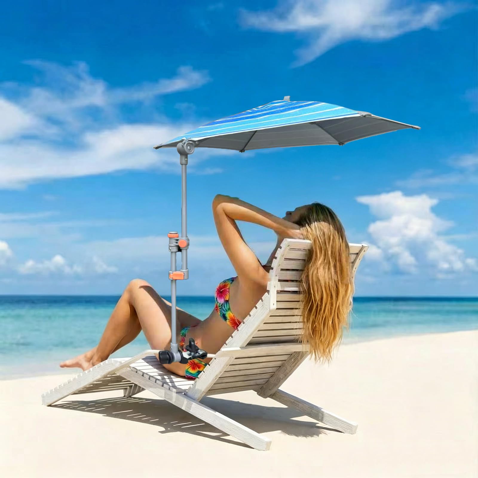LOTTAFUN Beach Umbrella fully extended showing Blue Wave Stripe
