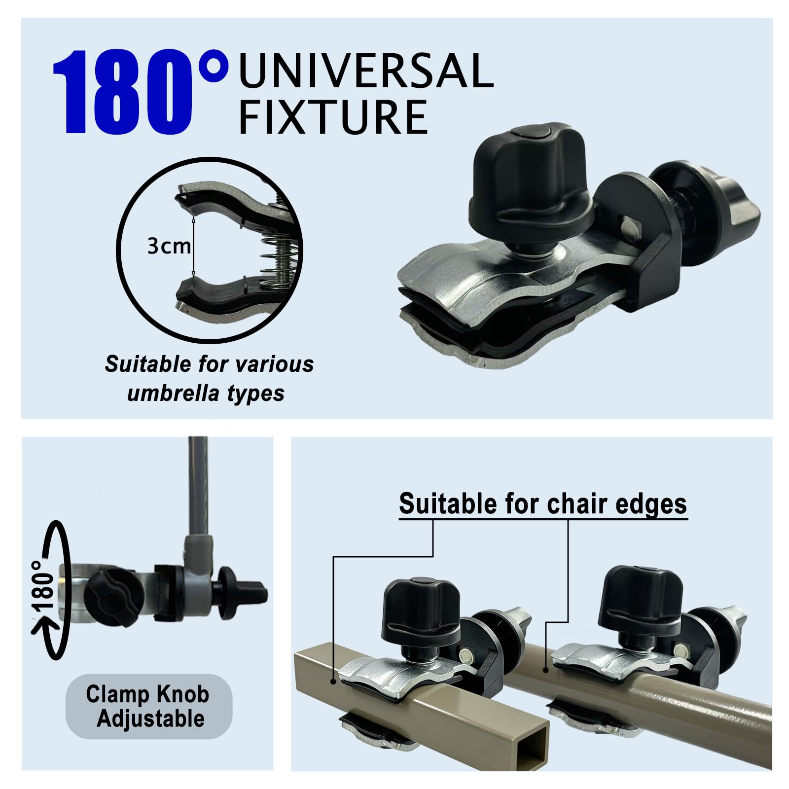LOTTAFUN Beach Umbrella showing 360-degree adjustable clamp